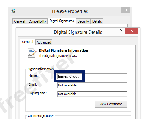 Screenshot of the James Crook certificate
